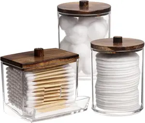 Qtips Holder Bathroom Container 10/7 OZ Cotton Ball Swabs Dispenser Apothecary Jar Organizer for Storage Brown Wood Lids Clear Plastic with Wood Lid 4 Pack Jars, Canister, Bottles