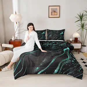 Marble Texture Comforter Set,Black Teal Bedding Set for Teens Boys,Shiny Glitter Modern Aesthetic Stone Comforter Machine Washable Duvet Washable Covers