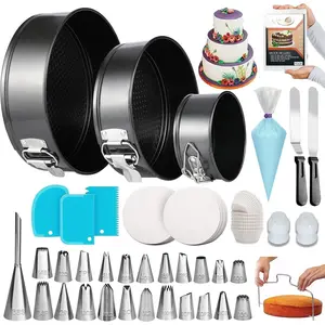 150 count Cake Pan Set for Baking + Cake Decorating Supplies: 3 Round Non Stick Springform Pan Set (4, 7, 9 inches),24 Icing Tips,Cake Leveler-Multi-functional Leak-Proof Cake Pans & eBook