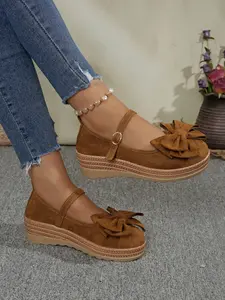Ladies' wedge heel thick sole single shoe, fashionable bow decoration, single buckle with switch, comfortable non slip rubber sole, very suitable for daily wear Stylish Bowknot Design Wedge