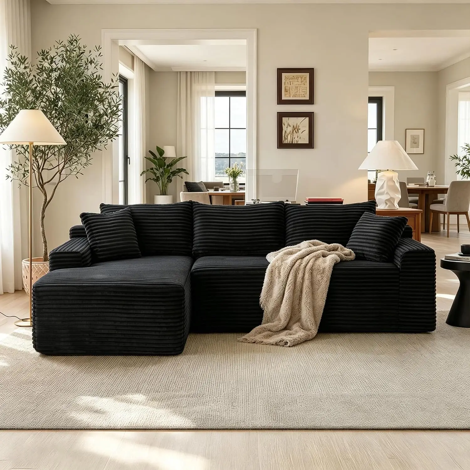 94.5" Cloud Modular Sectional Boneless Couches for Living Room, Modern Minimalist 3 Seater Sofa with Deep Seat, L Shaped Boneless Couch with Chaise,Compressed Corner Couch, No Assembly Required(Black)