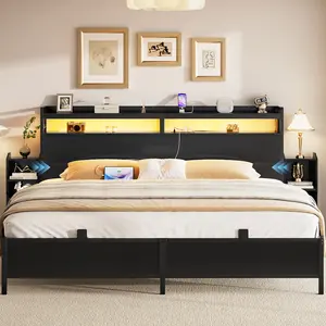 Homieasy King Size Bed Frame with Bookcase Storage Headboard and LED Light, King Bed Frame with Slide Out Bedside Cabinet and Power Outlet, Sturdy Metal Slat, No Box Spring Needed, Noise Free, Black corner bed frame