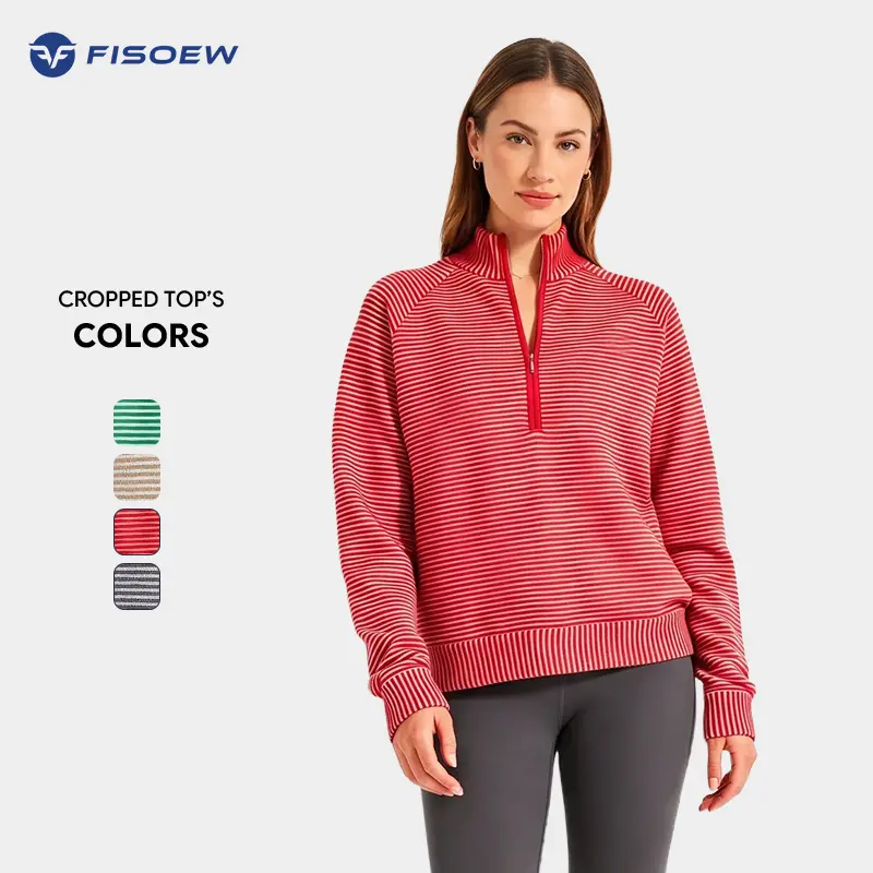 Fisoew Women's Lightweight Ribbed Long Sleeve Top - Preppy Minimalist Horizontal Striped Half-Zip Stand Collar Soft Loose Casual Cropped Pullover Piece, Silver, Elegant Comfortable Fit, for Golf Fall, Adjustable Knitwear to Pair with Bottoms