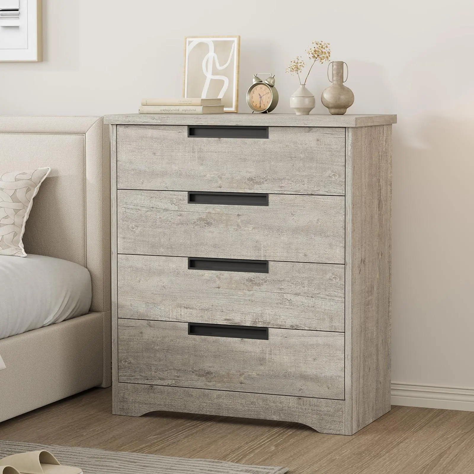 4 Drawers Nightstand for Bedroom, Modern Bedside Table with Built-in Handles Design, Wooden Side End Table Anti-Tip Organizer for Living Room, Bedroom, Entryway - Light Grey