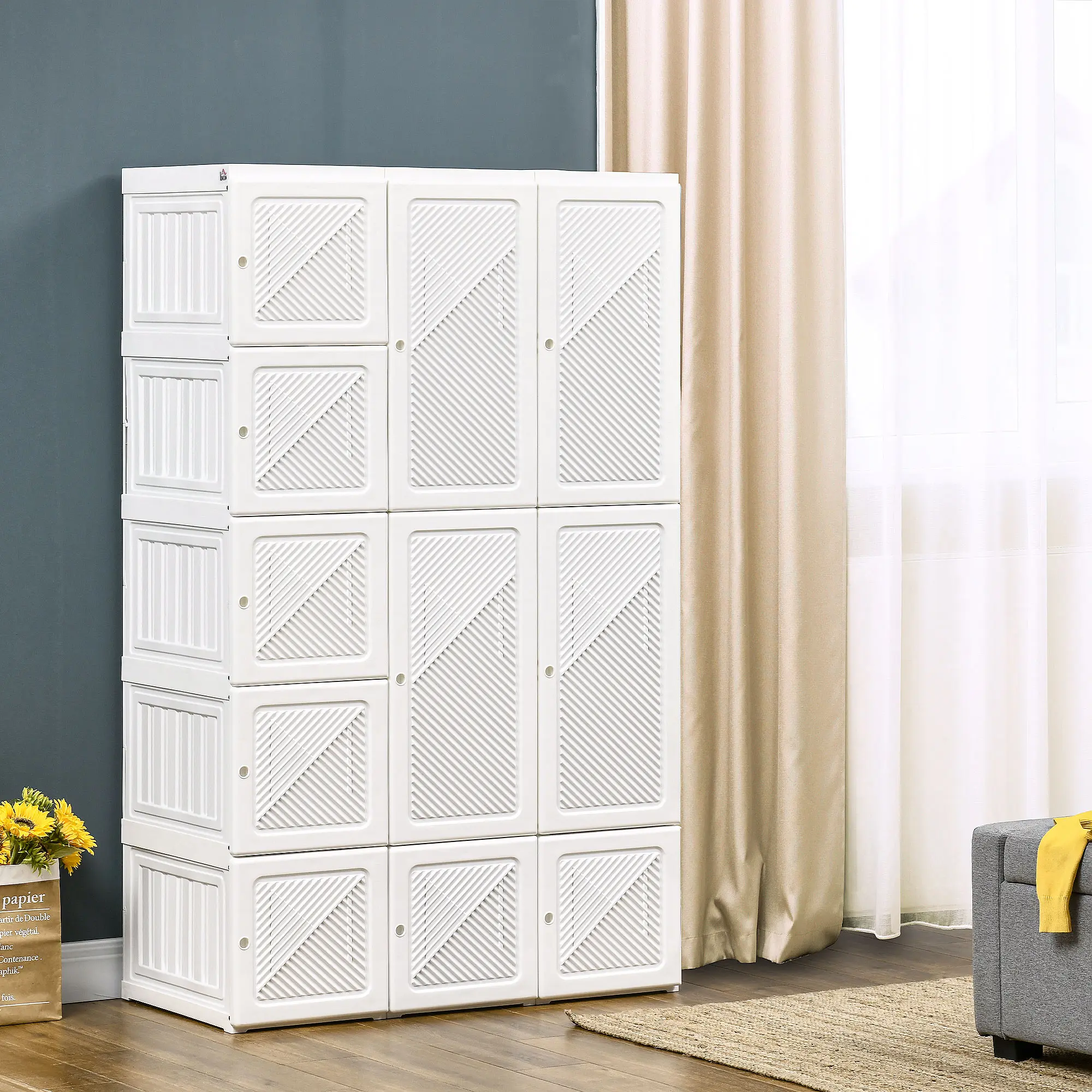 Portable Wardrobe Closet - Folding Indoor Furniture Clothes Storage Organizer with 8 Cube Compartments, 2 Hanging Rods, 11 Magnetic Doors, White