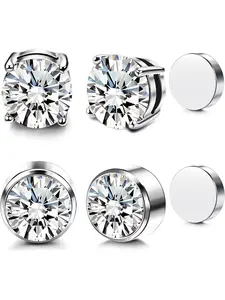 2 Pairs Silvery Sparkling Magnetic Ear Clips for Men Women Unique Non Piercing Hypoallergenic Stainless Steel Earrings with Round Shining CZ Earrings Jewelry for Daily Wear