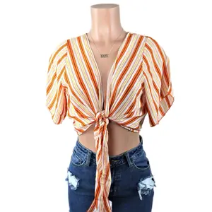 Sabrina Women's Striped Short Sleeve Top - Comfortable Polyester Blouse Crop Shirts Womenswear Bohemian