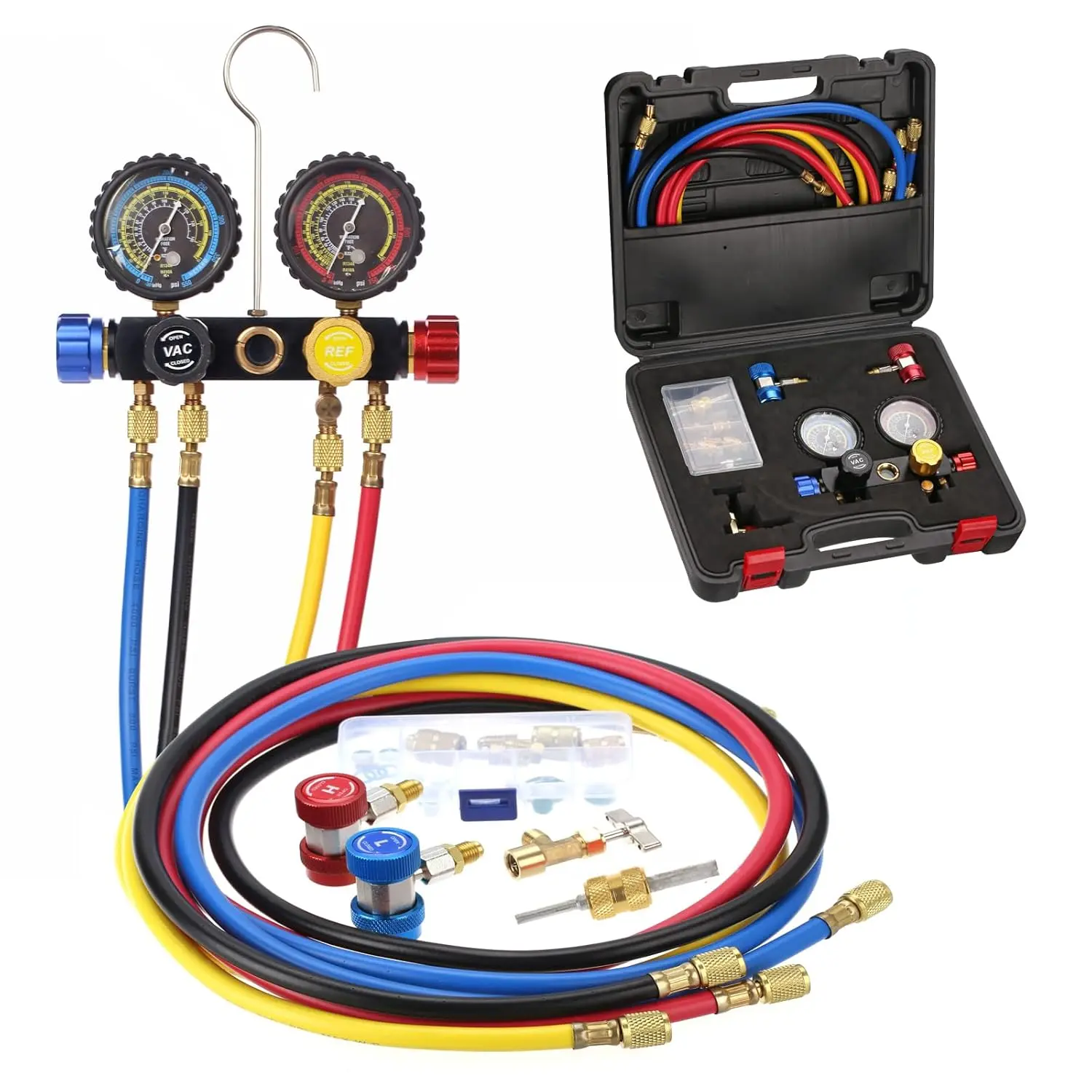 4-Way Manifold Gauge Set with 4 Color-Coded Hoses for R22, R134A, R410A Refrigerants – 2 Quick Couplers, 3 Adapters, 1 Puncturing Can Tap Tool, EV Cotton Lining, Storage Case for Automotive AC Maintenance