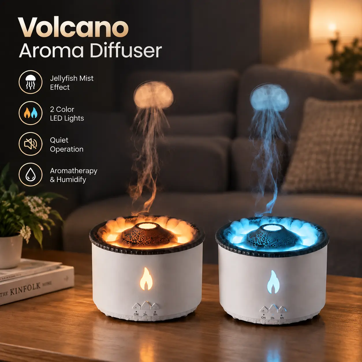 Volcano Aroma Diffuser Humidifier with Flame & Jellyfish Mist Effect, Essential Oil Diffuser for Bedroom Office Home Decor, Ultrasonic Cool Mist Humidifier with LED Light, Sleep Aid Night Light Room Decor, Christmas Gifts