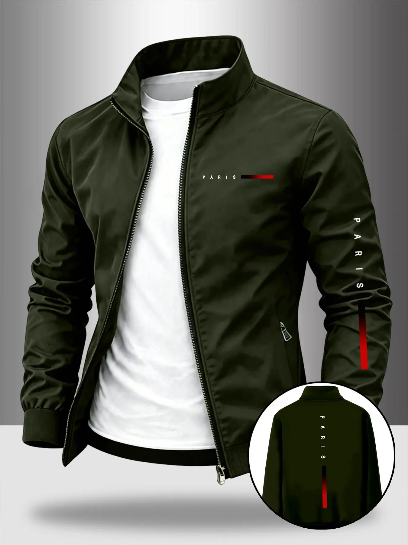 Men's Paris City Theme Stand Collar Jacket, Business Casual Windproof Coat, Smooth Zipper Luxury Letter Print, Daily Commute, Light Sports, Collared Coats, Casual Fashion Jacket
