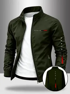 Men's Paris City Theme Stand Collar Jacket, Business Casual Windproof Coat, Smooth Zipper Luxury Letter Print, Daily Commute, Light Sports