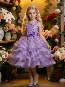 Girl's Contrast Sequin Bow Decor Tiered Layer Fit and Flare Party Princess Dress, Elegant Sleeveless Round Neck Party Dress for Performance Show Wear, Kids Clothes for All Seasons