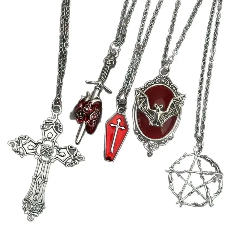 Gothic Punk Aesthetic Goth Alloy Bat Coffin Necklaces (5PCS) - Adjustable Size, Detachable Arrows, Star & Heart Details, Unisex Adult Casual Cosplay & Music Events Party Gift Supplies