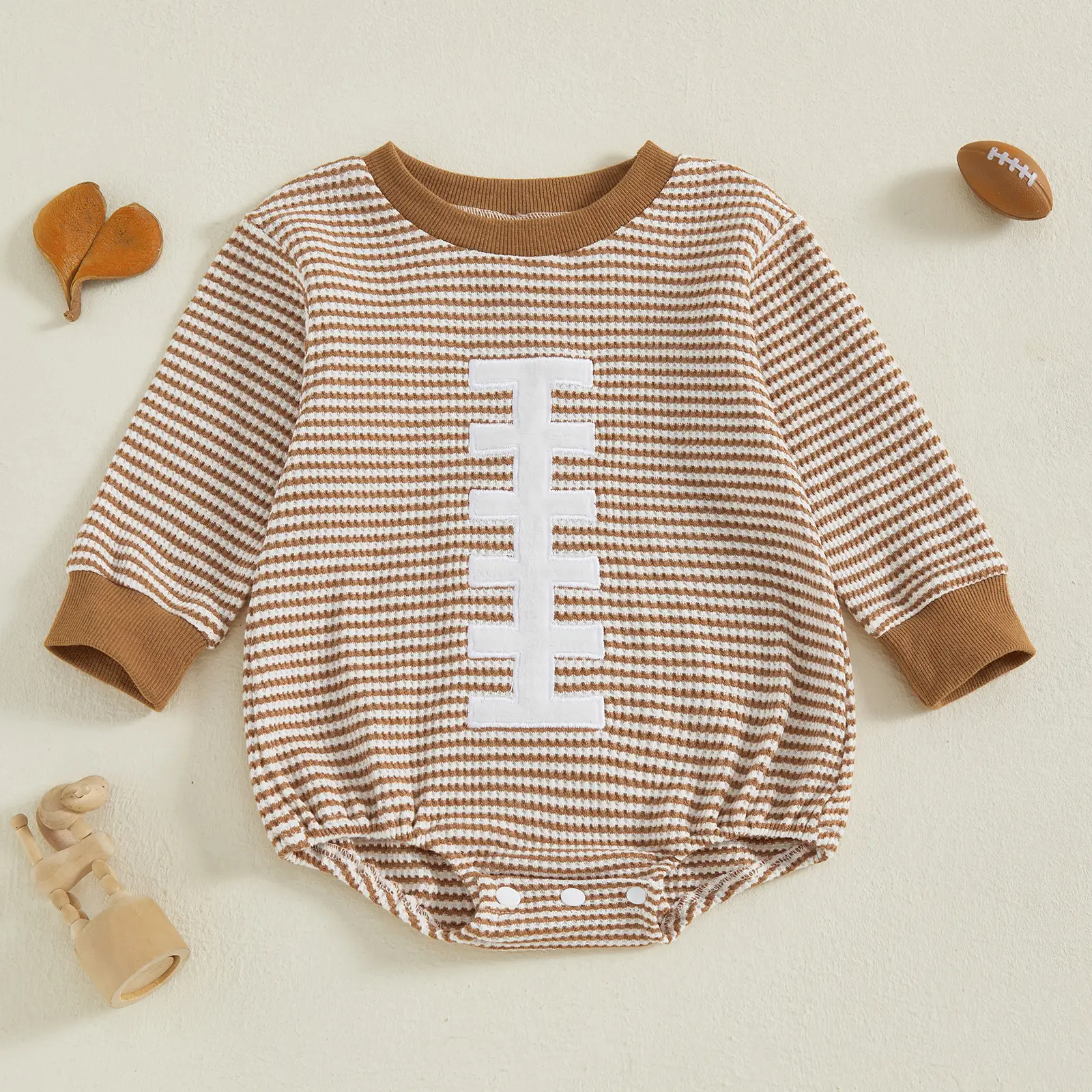 Infant Baby Girl Boy Fall Winte Football Bubble Romper Long Sleeve Stripe Pattern Sweatshirt Jumpsuit 0-18 Months