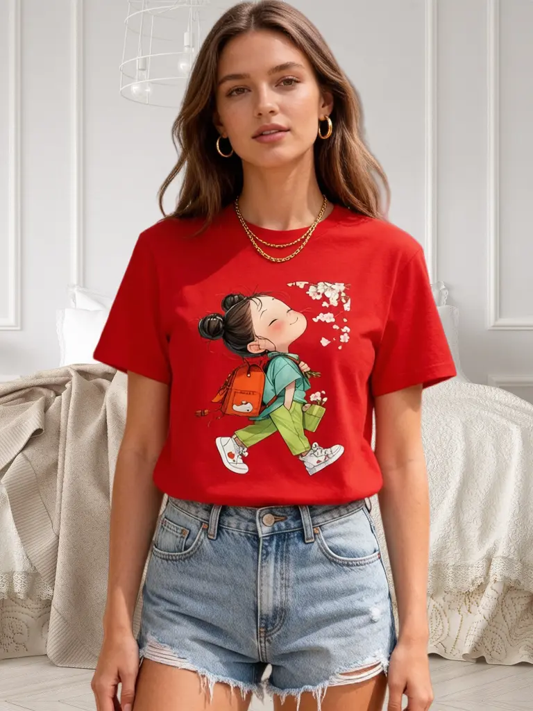 Women's Red Cropped Graphic T-Shirt, Cute Cherry Blossom Girl Print, Soft Cotton Fitted Short Sleeve for Casual Wear