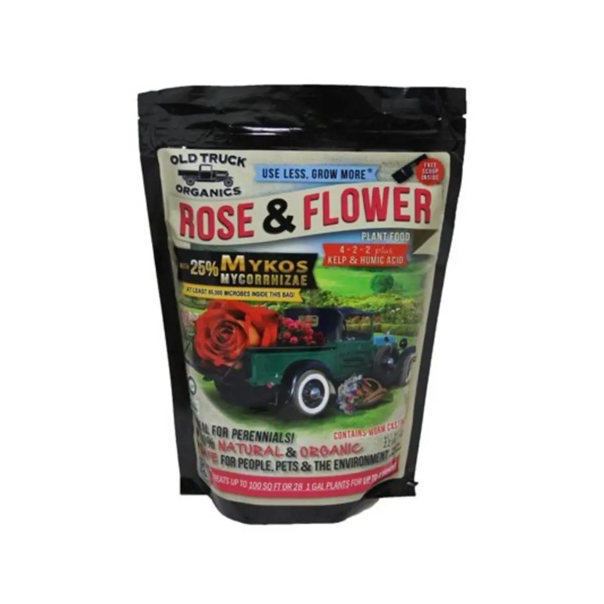 2.2 lbs Bagged Organic Fertilizer for Roses & Flowers - CDFA Registered, OMRI Listed, Mykos Mycorrhizal Aid, 4-2-2 Formula with Kelp & Humic Acid, High Quality Material Soil Amendment