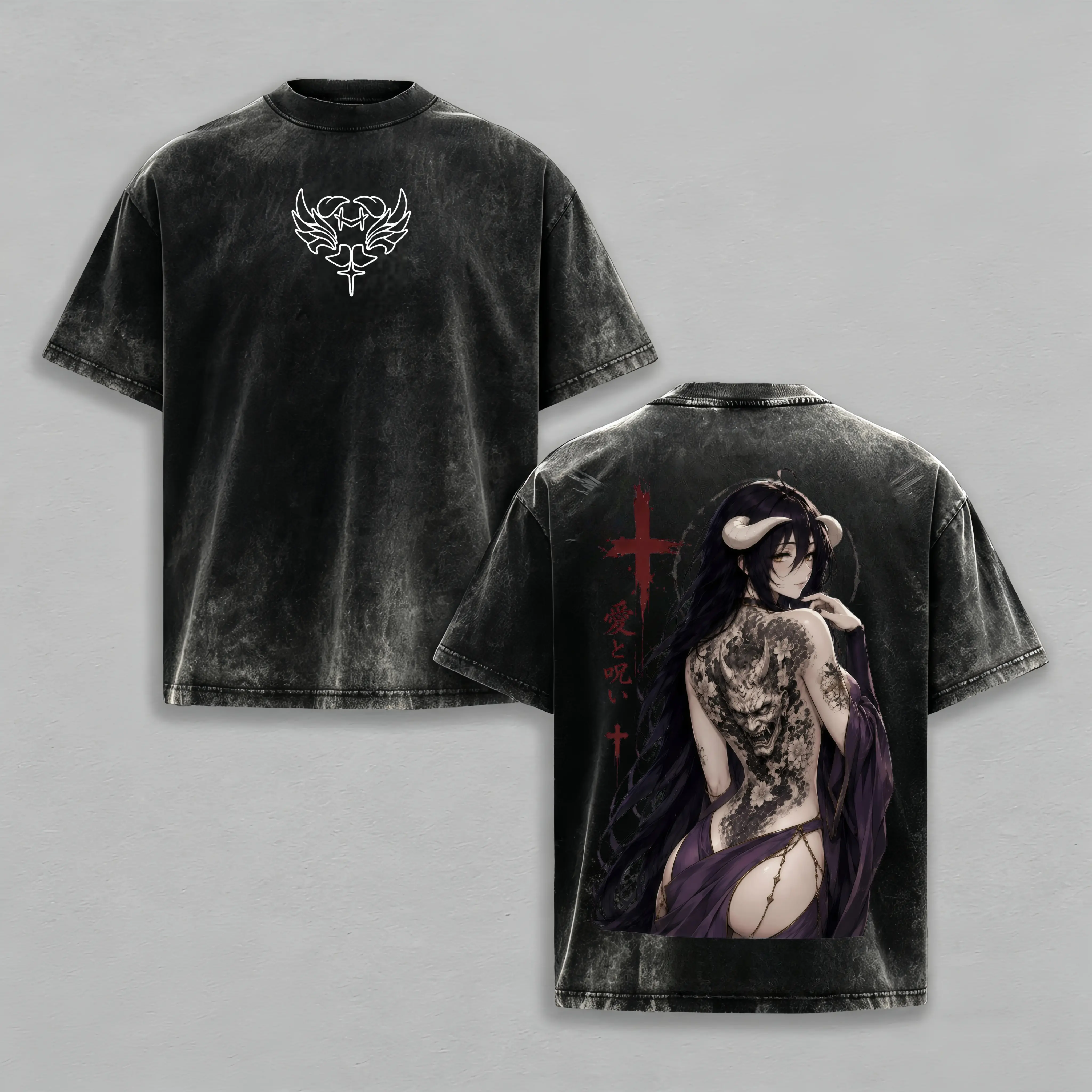 Unisex Menswear Oversized Vintage Washed Heavyweight Cotton T-Shirt - Albedo Overlord Japanese Irezumi Gothic Blackwork Tattoo Dark Fantasy Succubus Queen Anime Double Print, Aesthetic Relaxed Fit Tops Shortsleeve