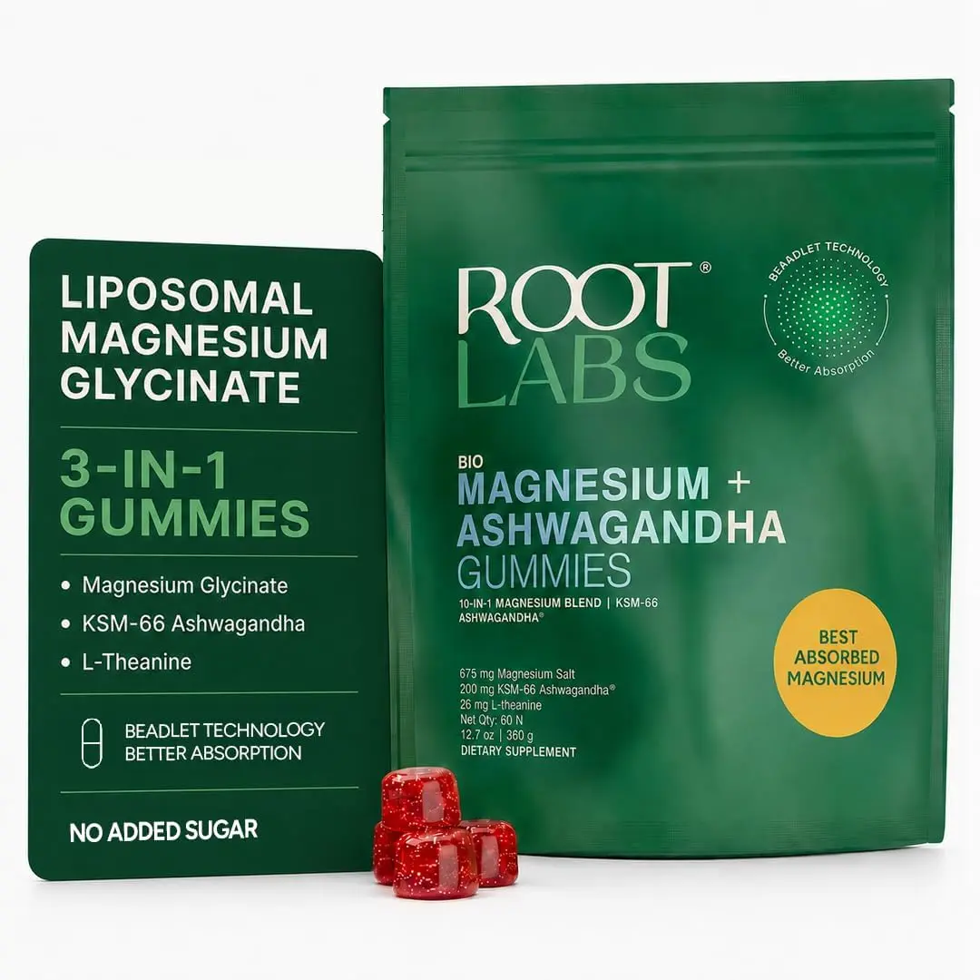 Root Labs Magnesium Glycinate Gummies 675mg | Ashwagandha, L-Theanine | Stress Relief | 60 Gummies