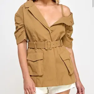 Mocha Jacket - Casual Women's Casual Outfit with Button Front, Side Slits, and Waist Tie Details - Womenswear