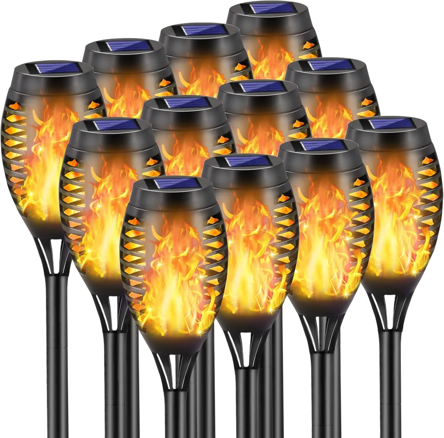 12led-12p Solar Outdoor Lights, 12 LED Mini Tiki Lights with Flickering Flame, 400mah, 1.4-inch Polysilicon Solar Panel, Water Resistant, 8-20 Hours Dusk-to-Auto On/Off for Garden Pathway Landscape Decorations