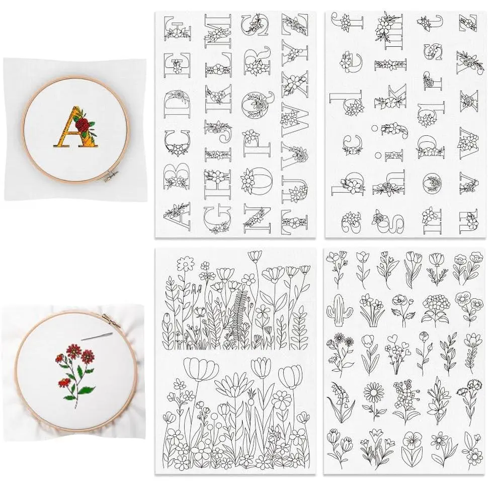 81 count Water Soluble Embroidery Stabilizers Letter Patterns Embroidery Stick and Stitch Paper with Pre-Printed Flower and Letter Patterns for Hand Sewing Lover Beginners