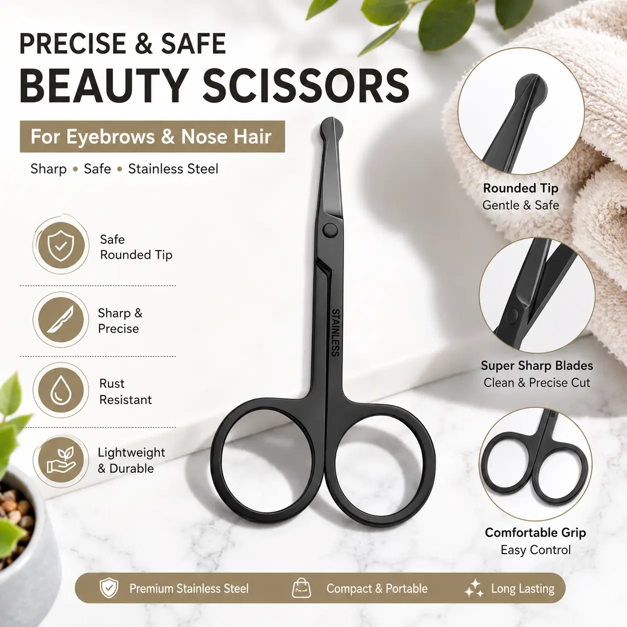 Matte Black Rounded Tip Pet Grooming Scissors - Stainless Steel Small Safety Toiletry, Clean Hair Cutting & Precision Trimming Tool for Dog/Cat Haircare, Travel Grooming Kit