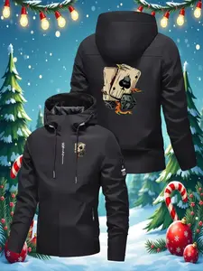 Men's Jack & Joker Game Hooded Jacket, Streetwear Zipper Sweatshirt, Graphic Hoodies, Poker Print Design, Casual Party Wear, Casual Outerwear, All Seasons