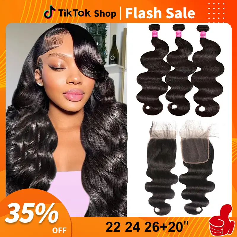 10A Human Hair Bundles 3 Bundles With 5x5 Hd Lace Closure 22 24 26+20"Closure Body Wave Bundles Human Hair raw bundles 100% Unprocessed Brazilian Virgin Body Wave Human Hair Weave Bundles with Closure Natural Color summervibes