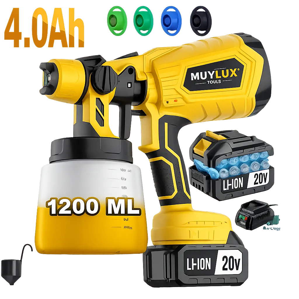 spray paint gun：20V Cordless Paint Sprayer Gun, 1200ML Electric Spray Paint Gun Kit with  Batteries, 4 Nozzles & Charger, Adjustable Flow Paint Spray Tool for Home DIY, Furniture, Fence, Wall & Cabinet Painting Copper Motor
