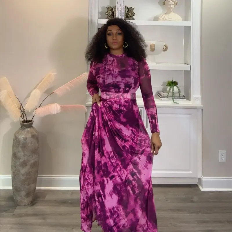 Elegant Purple Tie-Dye Maxi Dress with Long Sleeves and High Waist Belt for Women - TikTok Shop Elegant Purple Tie-Dye Maxi Dress with Long Sleeves and High Waist Belt for Women - TikTok Shop