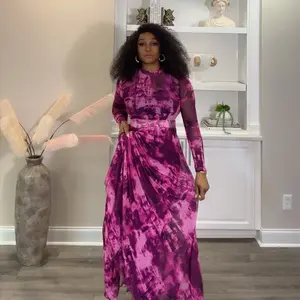 Elegant Purple Tie-Dye Maxi Dress with Long Sleeves and High Waist Belt for Women