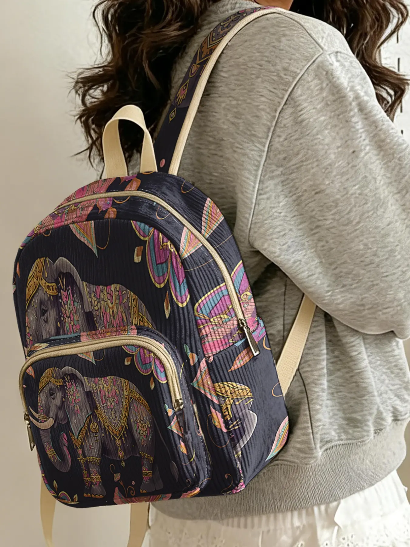 1 piece of lady's backpack with 2D printed pattern of elephant, corduroy texture + layered storage + lightweight and easy to carry | Suitable for students to go to class, shopping, traveling, and short trips | Combines atmosphere with practicality