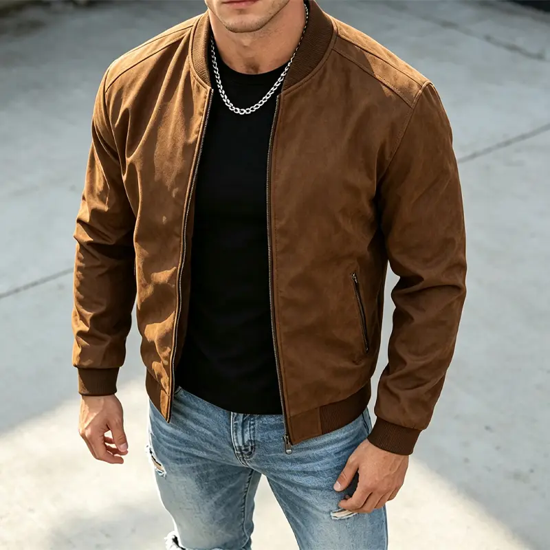 Men's Minimalist Baseball Jacket, 1 Piece Spring/Antumn Slim-Fit Solid Color Jacket with Baseball Collar, Main Zipper Closure, Side Zippered Pockets with Hardware Accents, Ribbed Cuffs & Hem, Suitable for Everyday Gatherings & Casual Wear
