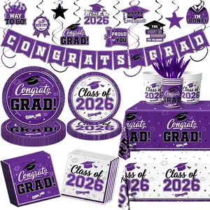 Purple Graduation Decorations Dinnerware Set Class of 2026 Decorations Purple and White Graduation Plates and Napkins Cups Tablecloth Banner for 2026 Congrats Grad Party Decorations, Serve 25