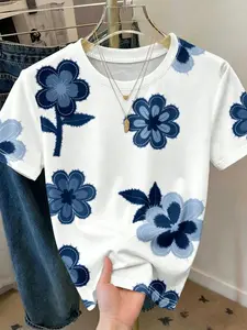 Women's Vintage Floral Print Short Sleeve Round Neck T-Shirt, Casual Fitted Top, Perfect for Outing and Vacation Wear