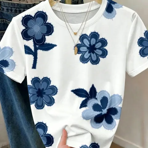 Women's Vintage Floral Print Short Sleeve Summer Round Neck T-Shirt, Casual Summer Chic, Fashion Casual Top, Casual Fitted Womenswear Top, Lady, Perfect for Outing and Vacation Wear