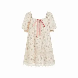 Cider Cotton Square Neck Floral Puff Sleeve Bowknot Babydoll Mini Dress