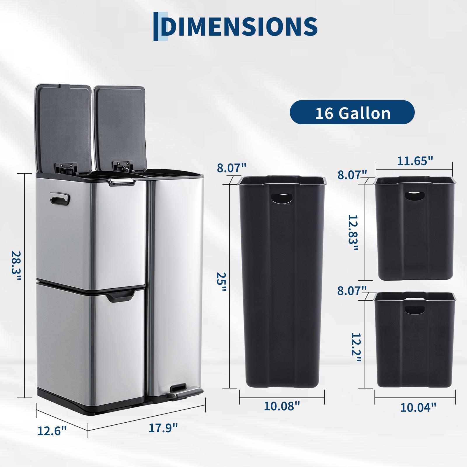 16-Gal Triple-Compartment Stainless Steel Recycling Trash Can with Hands-Free Foot Pedal, Lid, Removable Inner Plastic Buckets, Slide Feature, Large Waste Separator for Kitchen & Office