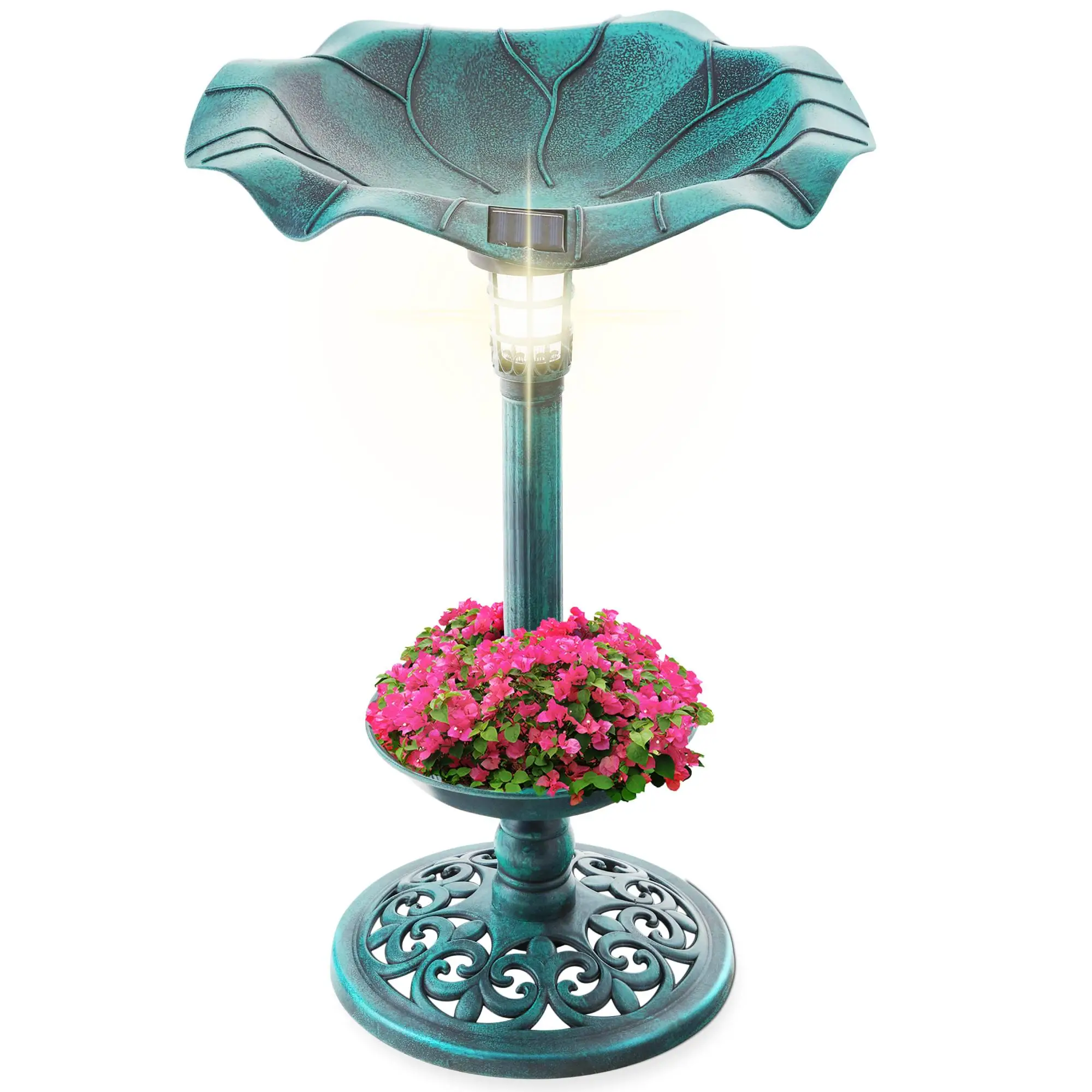 Best Choice Products Solar Lighted Pedestal Bird Bath w/ Planter, Integrated Panel
