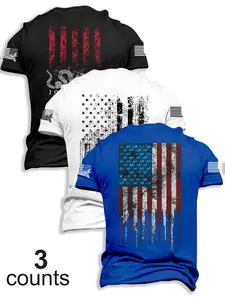 Men's Flag Series Short Sleeve Casual T-Shirts Set, Summer Fashion Outdoor Travel Tees, 3 Pack Fitted Style, Moderate Fabric