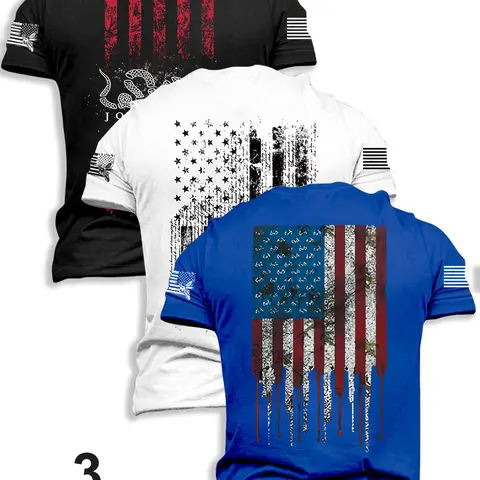 Men's Flag Series Short Sleeve Casual T-Shirts Set, Summer Fashion Outdoor Travel Tees, 3 Pack Fitted Style, Moderate Fabric