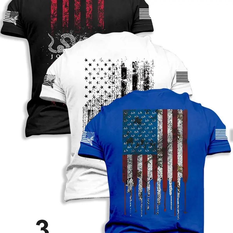 Men's Flag Series Short Sleeve Casual T-Shirts Set, Summer Fashion Outdoor Travel Tees, 3 Pack Fitted Style, Moderate Fabric