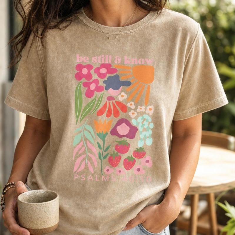 Lady's Short-Sleeve Round Neck Drop Shoulder Casual Christian Verse Graphic Print T-Shirt - Retro Boho "Be Still And Know" Floral Top