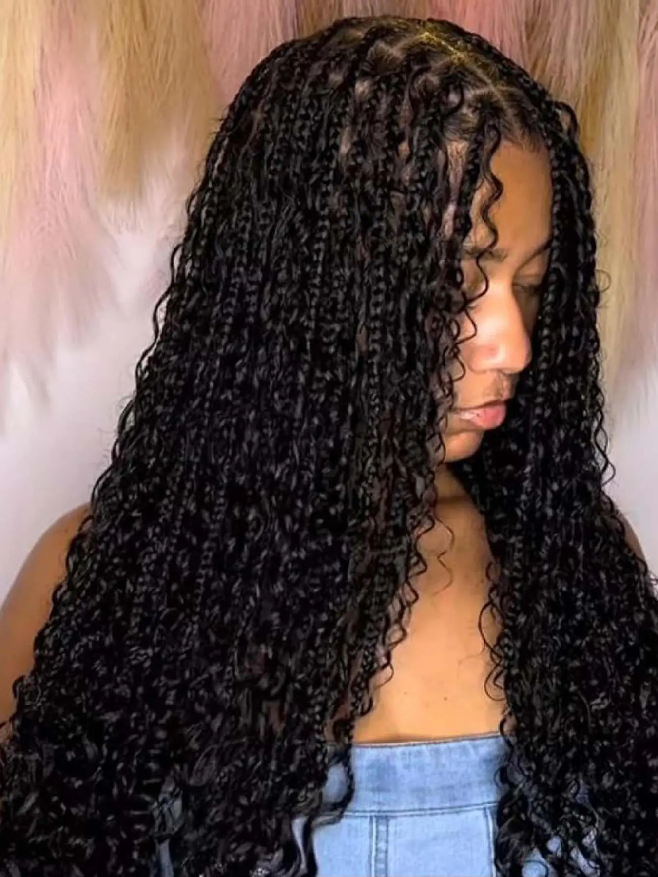 33 Inch Black Full Lace Front Box Braided Wig with Curly Hair, Distressed Knotless Braided Wigs for Women, Synthetic Braided Lace Wigs for Party, Dail