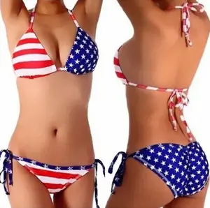 American Flag Print Halter Triangle Bikini Swimsuit - Sexy, 4th of July Party