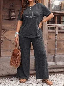 Plus Size Women's Two-Piece Set, Graffiti Pattern, Vintage Distressed Short Sleeve & Wide-Leg Pants, Summer Versatile Casual Home & Outdoor Wear