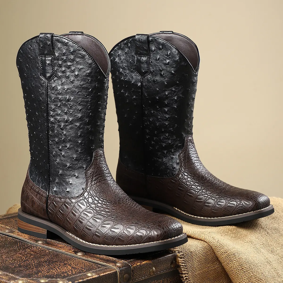 Men’s Western cowboy boots, square-toe closed-toe mid-calf boots, ostrich-pattern crocodile embossing panels, retro PU leather men’s boots, low-heeled wear-resistant western boots, chunky heel non-slip casual men’s boots, trendy versatile workwear boots,
