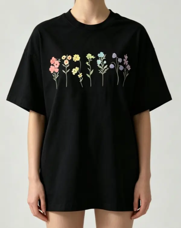 Women's Oversized Round Neck Short-Sleeve T-Shirt - Soft Retro Colorful Floral Rainbow Wildflower Botanical Graphic, Vintage Cottagecore Streetwear T Shirts for Women, Boho Earthy Girl Easy Tee with Boho Vibes (Sports & Outdoor Clothing), Vibe, Women's Cl