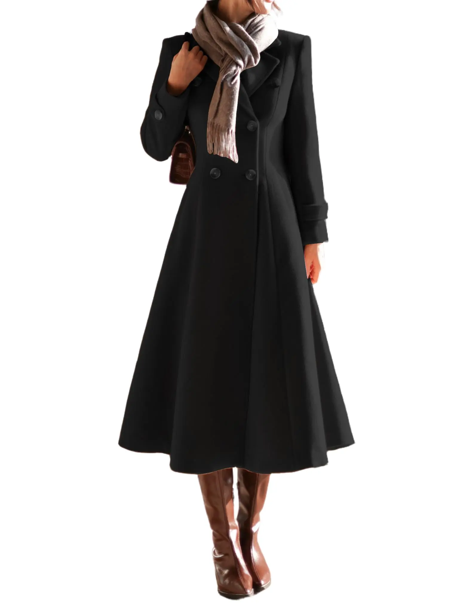 IDEALSANXUN Women's Slim-Fit Long Wool Double-Breasted Trench Peacoat - Fall-Winter Casual Jacket with Below Knee Length, Side Pockets, Machine Washable Elegant Tailored Wool Blend Outerwear for Ladies