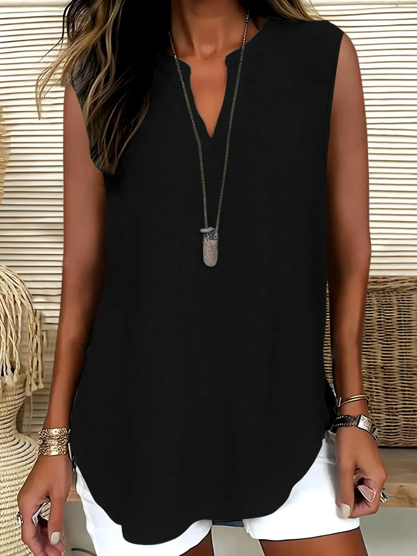 Women's Plain Solid V-Neck Loose Simple Versatile Vintage Shirt Vest, Casual Fashion Top for Daily Wear, Stylish Ladies' Clothing, Womenswear